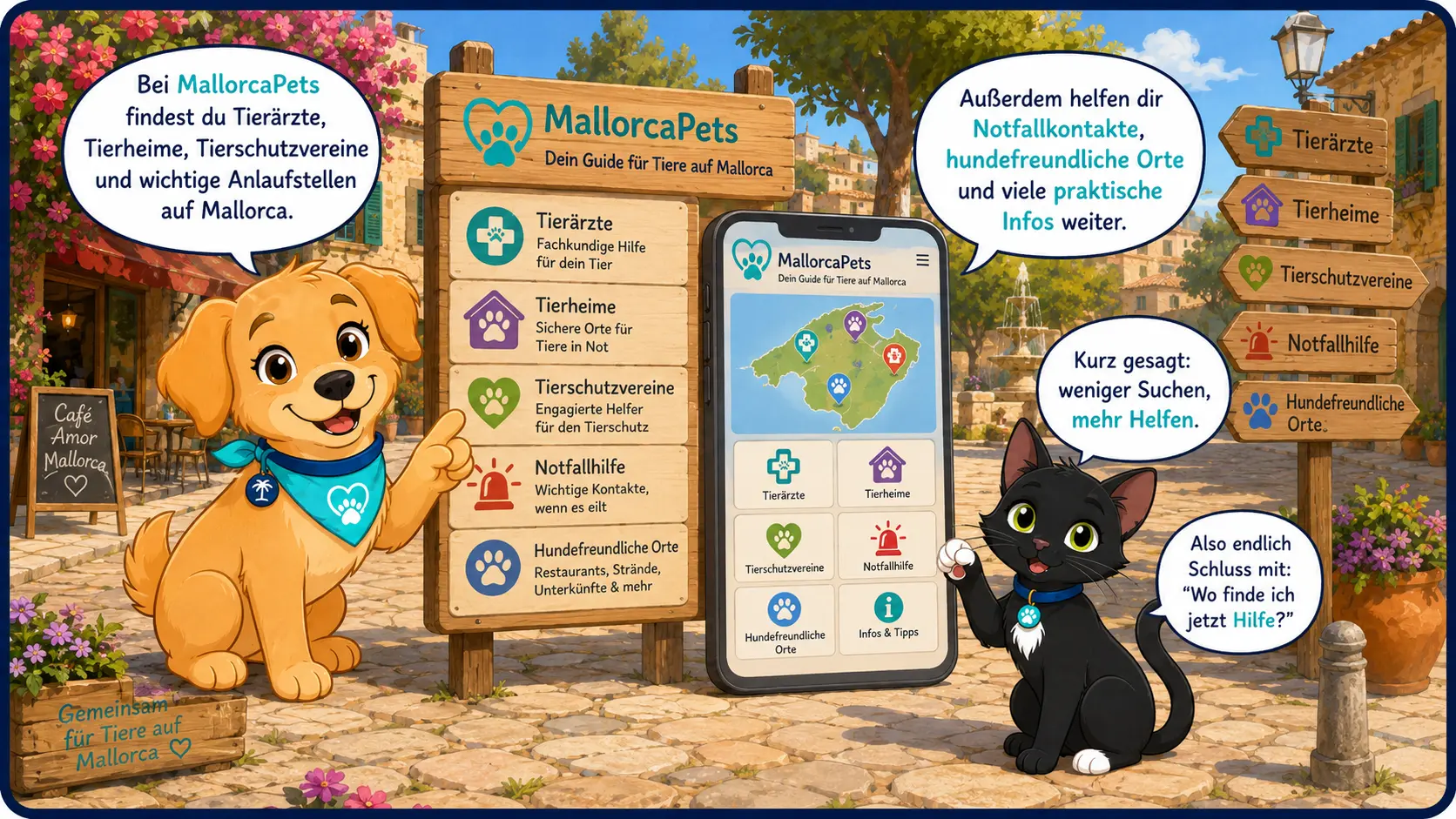Comic: MallorcaPets auf einen Blick — Tierärzte, Vereine, Notfallhilfe und hundefreundliche Orte