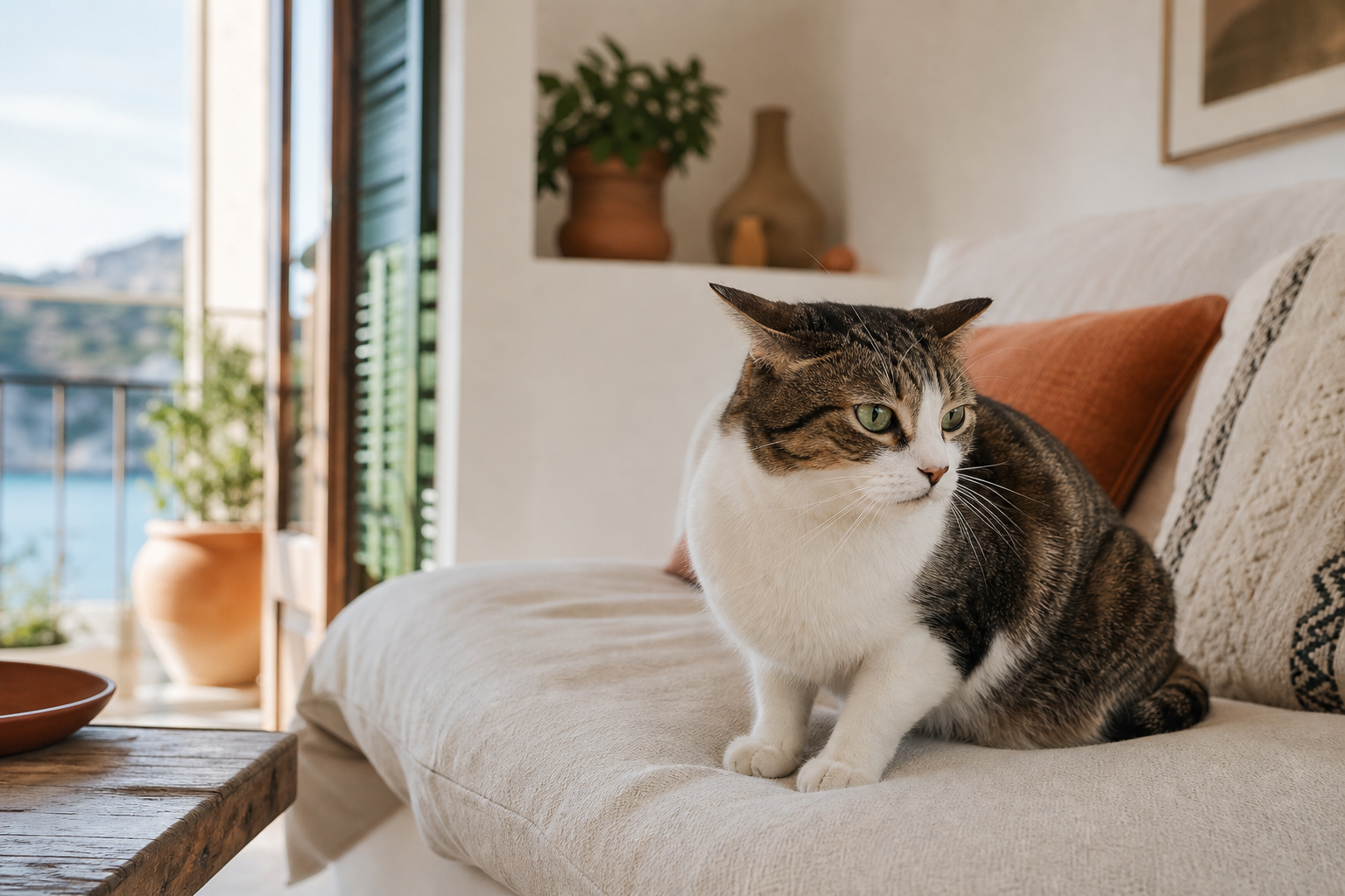 Katze in entspannter, aber wachsamer Haltung im Wohnzimmer