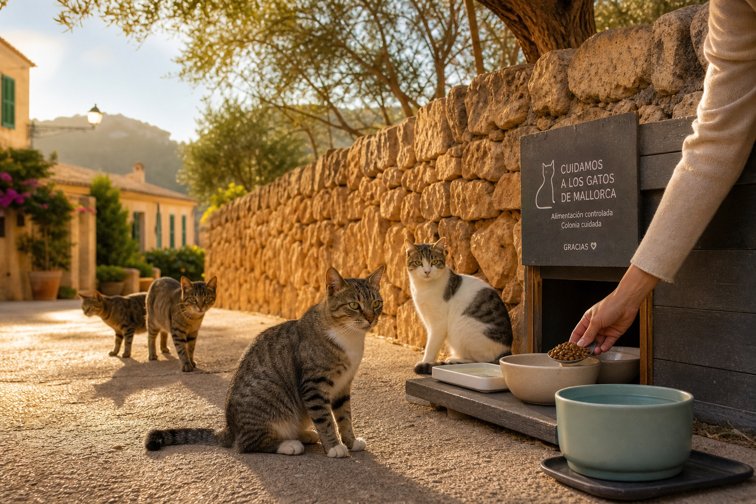Betreute Straßenkatzen an einer Futterstelle auf Mallorca bei warmem Abendlicht
