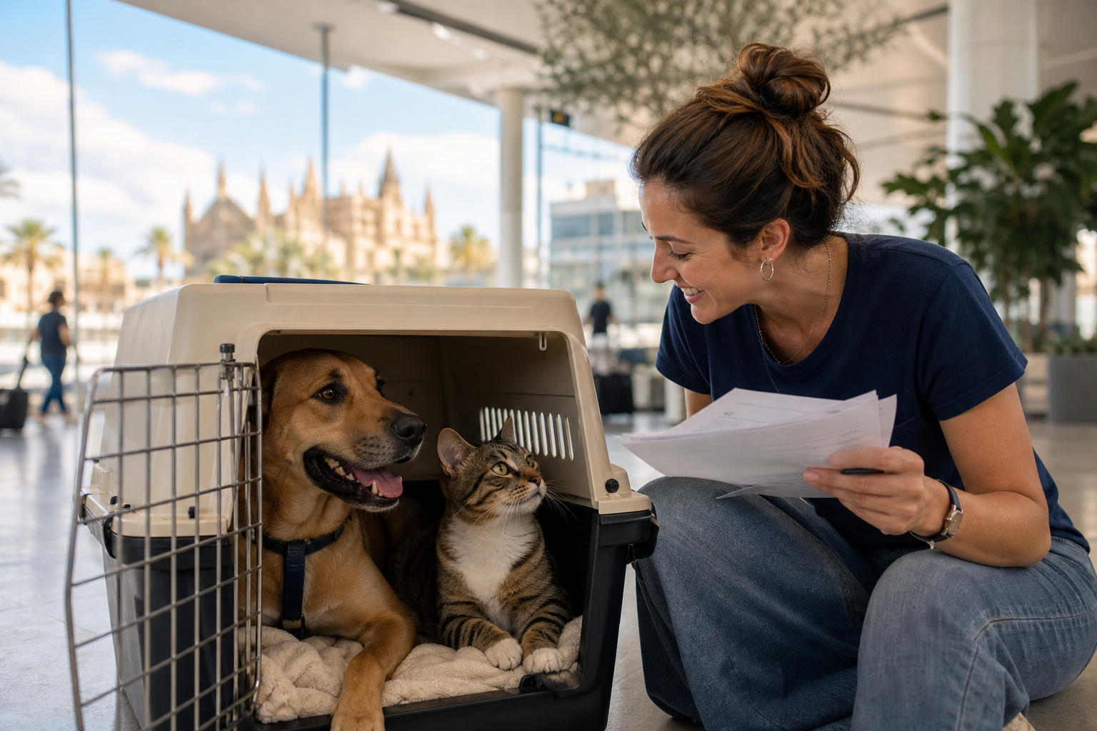 Hund und Katze in Transportbox am Flughafen Palma – Adoption aus Mallorca